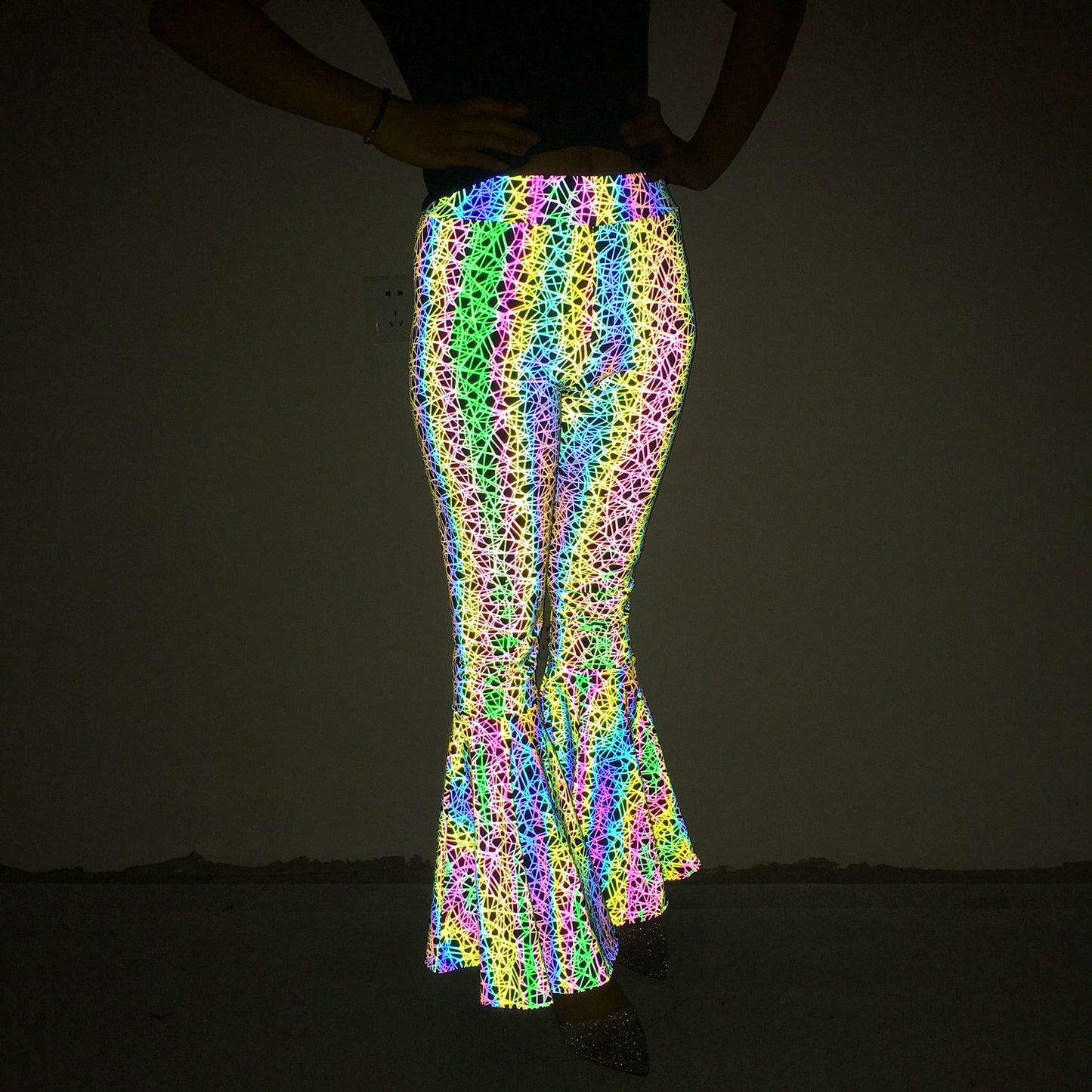 Colorful Reflective Bell-bottom Pants Women's High Waist Wide Leg Trousers