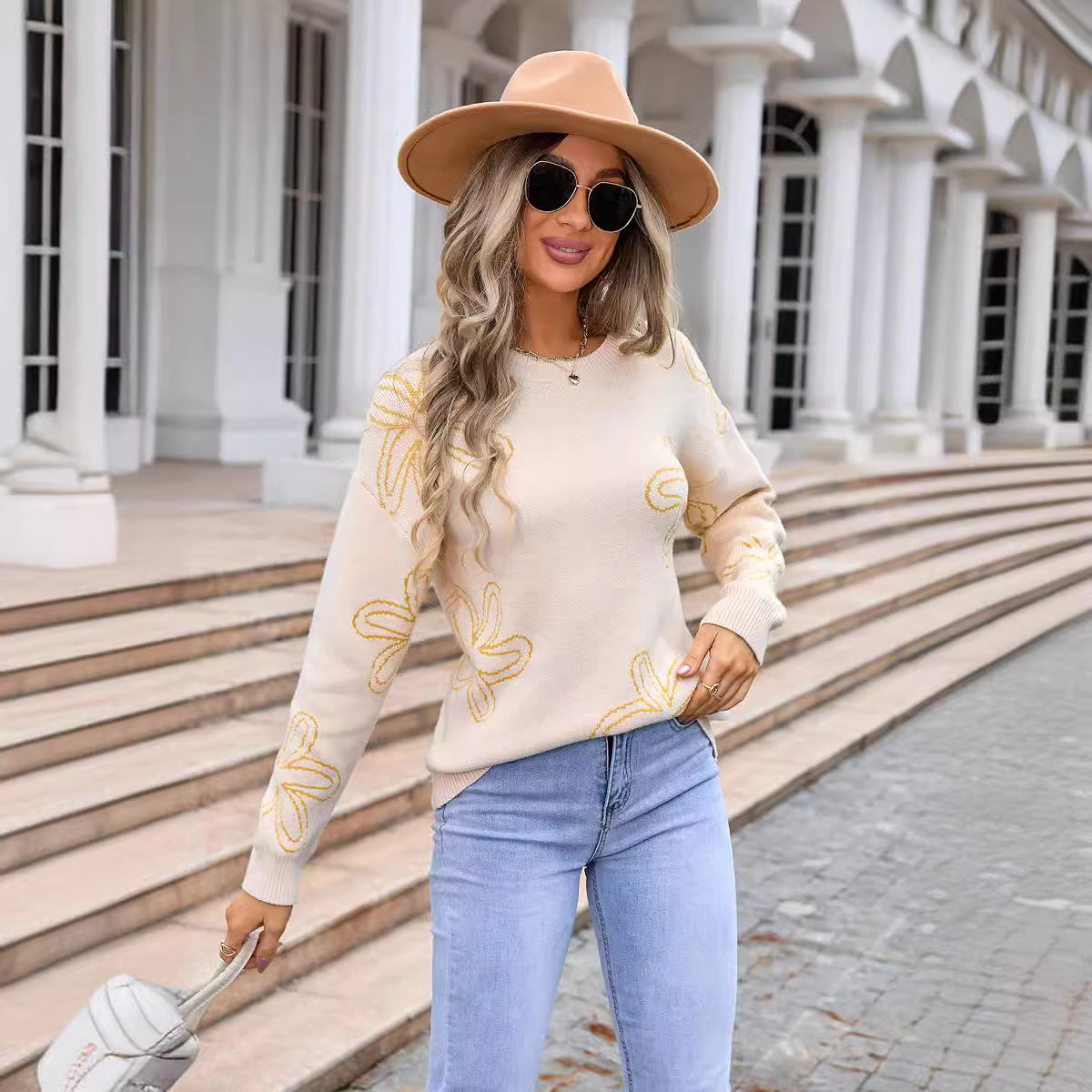 Autumn Winter Women Clothing Sweater Women Clothing Floral Long Sleeve Round Neck Sweater Women