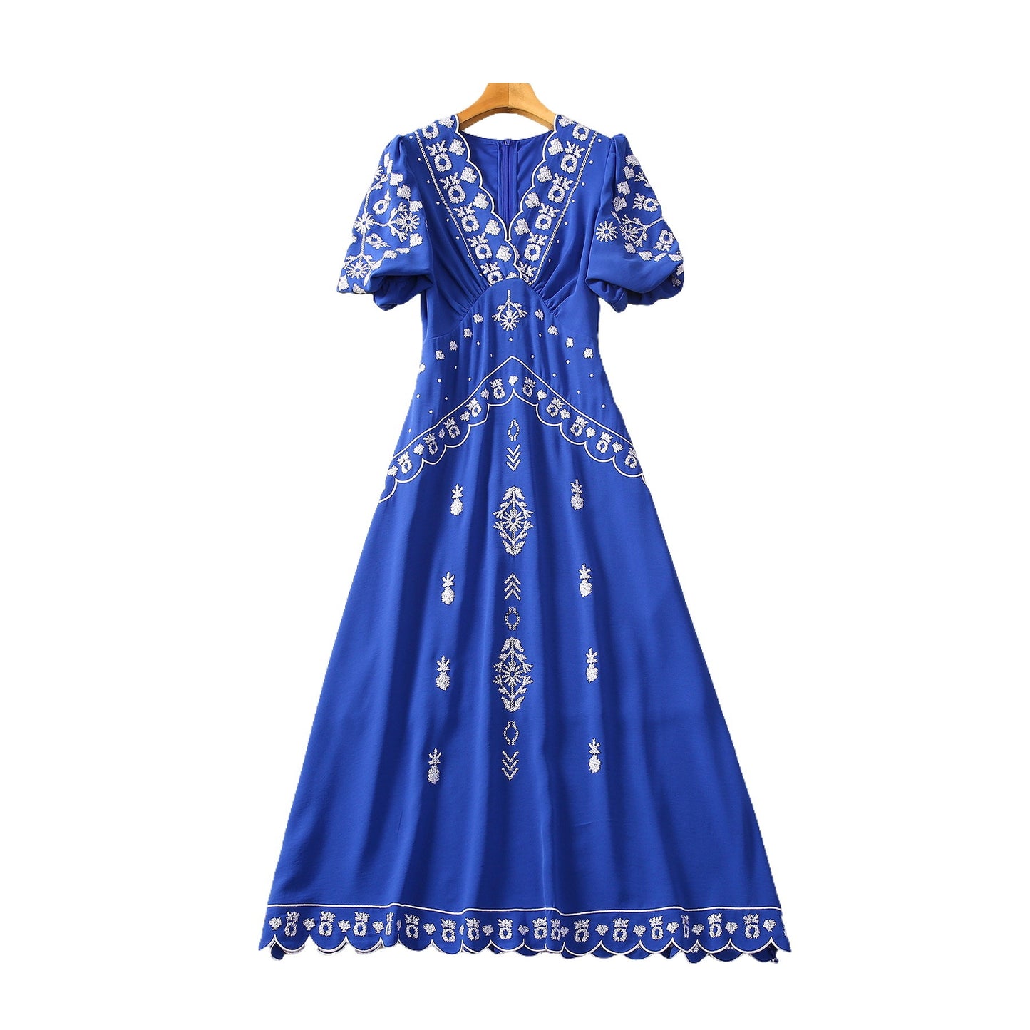 Wave V-neck Lantern Sleeve Embroidery Dress