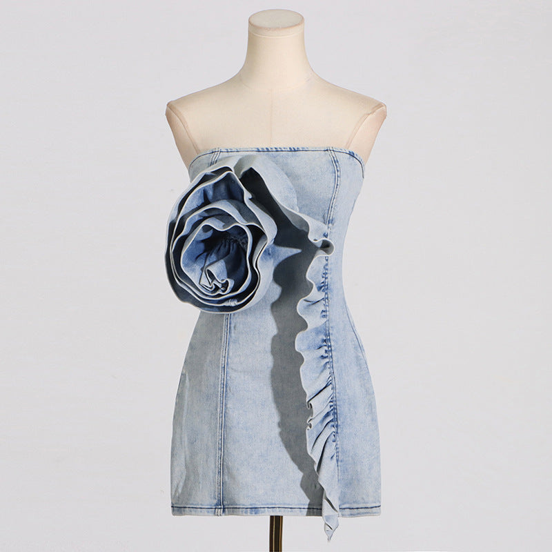 Élégant bustier tubulaire paquet hanche courte Patchwork à volants fleur courte robe en jean femmes