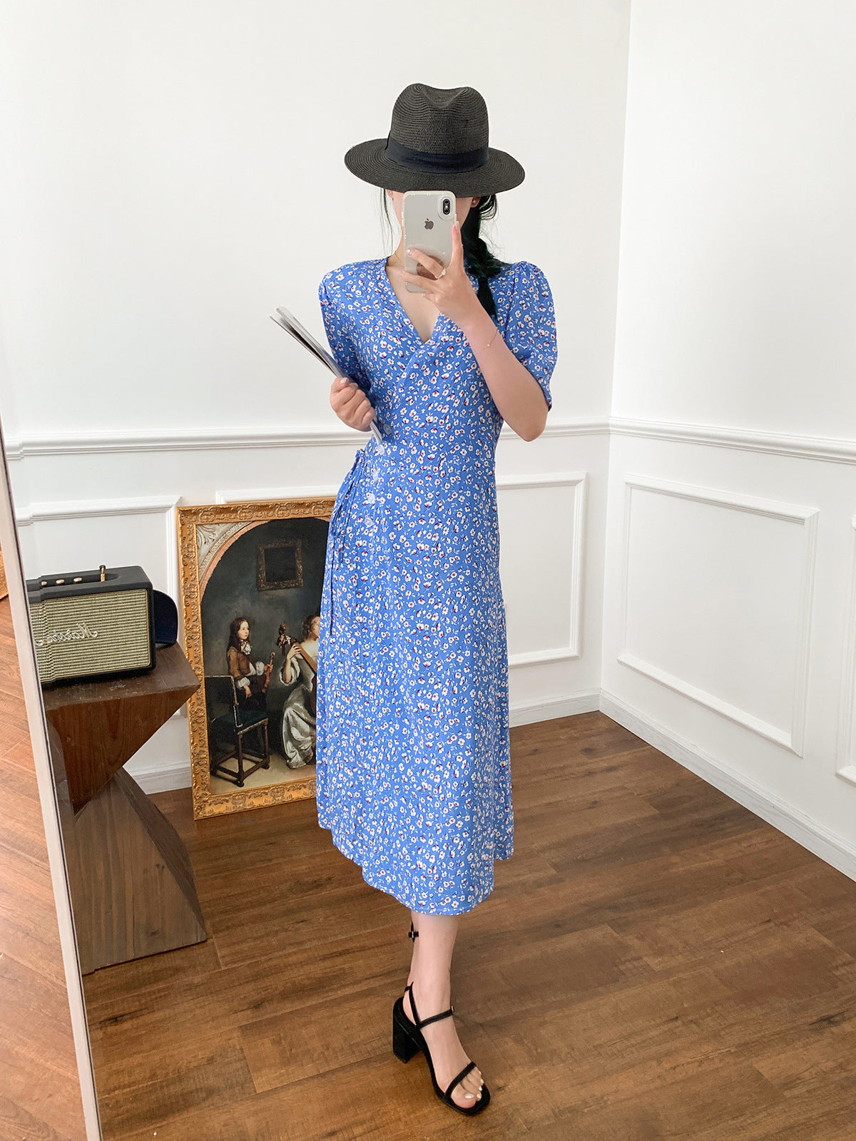 Robe longue portefeuille à lacets, tenue de thé française, jupe florale, bleu clair, Style rétro