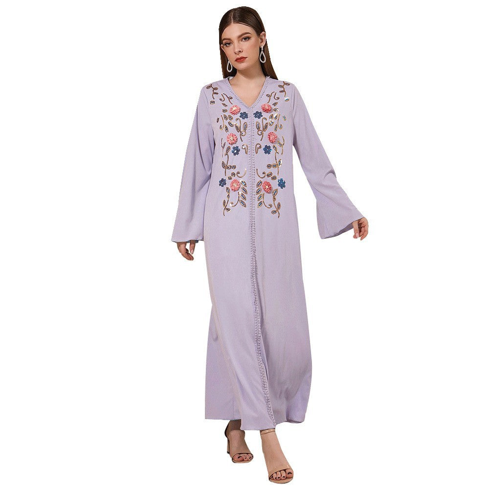 Autumn Blue Robe Dress Abaya V neck Embroidery Dress Robe