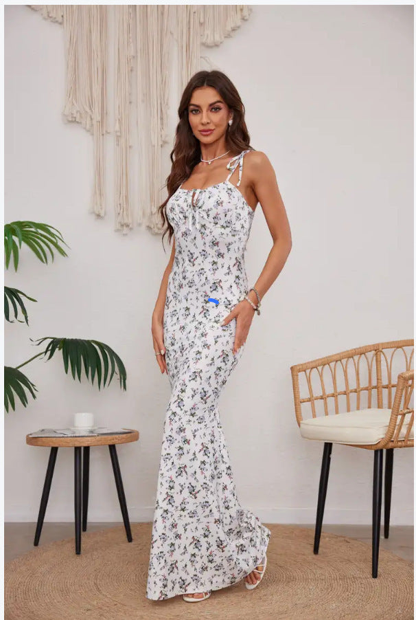 Robe d'été sexy à bretelles florales avec taille coupée pour femme