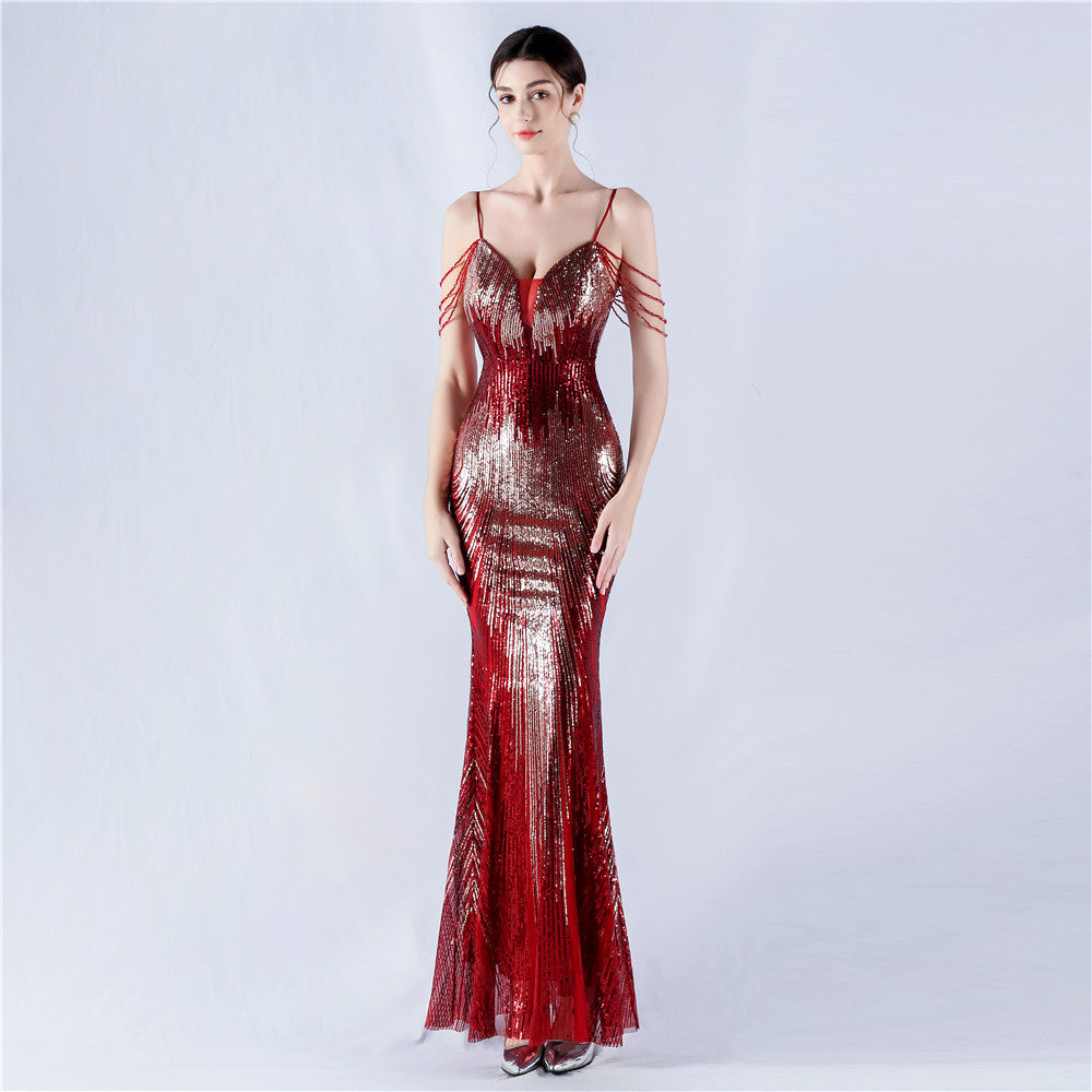 Dress Positioning Floral Sequin Craft Beaded Strap Evening Dress