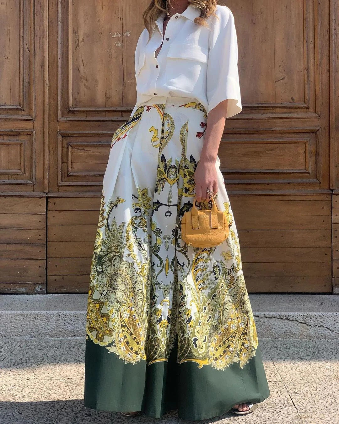 Ropa de mujer otoño elegante camisa de un solo pecho conjuntos de pantalones de pierna ancha con estampado de cintura alta