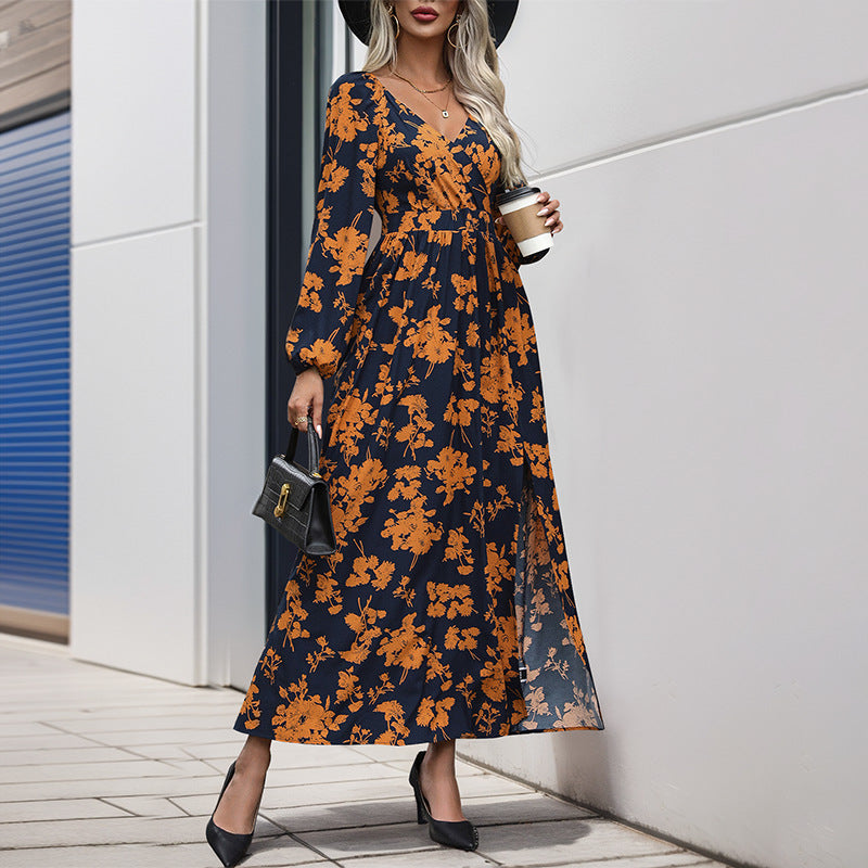 Dress Autumn Long Sleeve V Neck Printed Dress