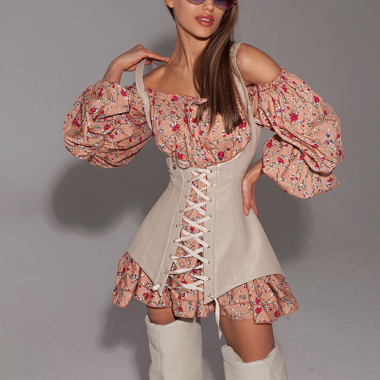 Ropa de mujer Vestido floral de manga larga de otoño con chaleco cintura ajustada que adelgaza un vestido de línea