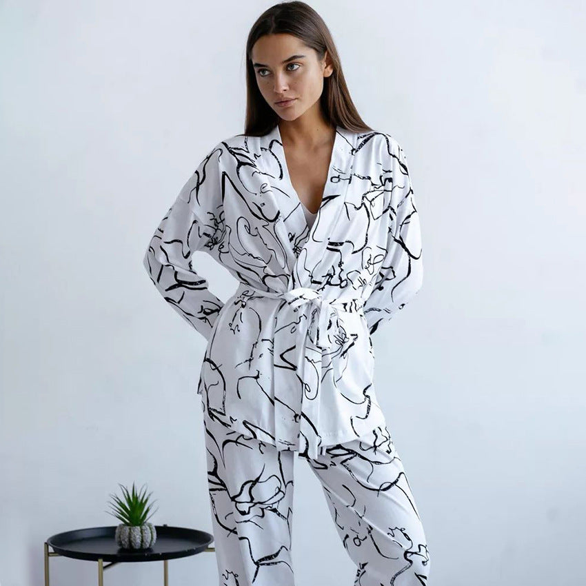 Cardigan à imprimé floral à manches longues et pantalon pour la maison, pyjama ample et décontracté pour femme