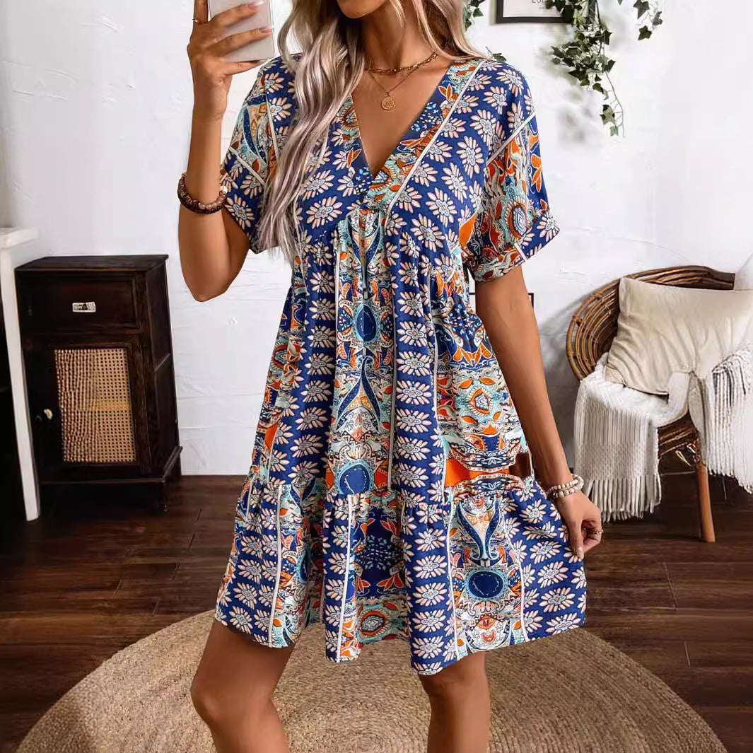 Ladies Vintage Floral Printed V neck High Waist Batwing Sleeve Holiday Dress