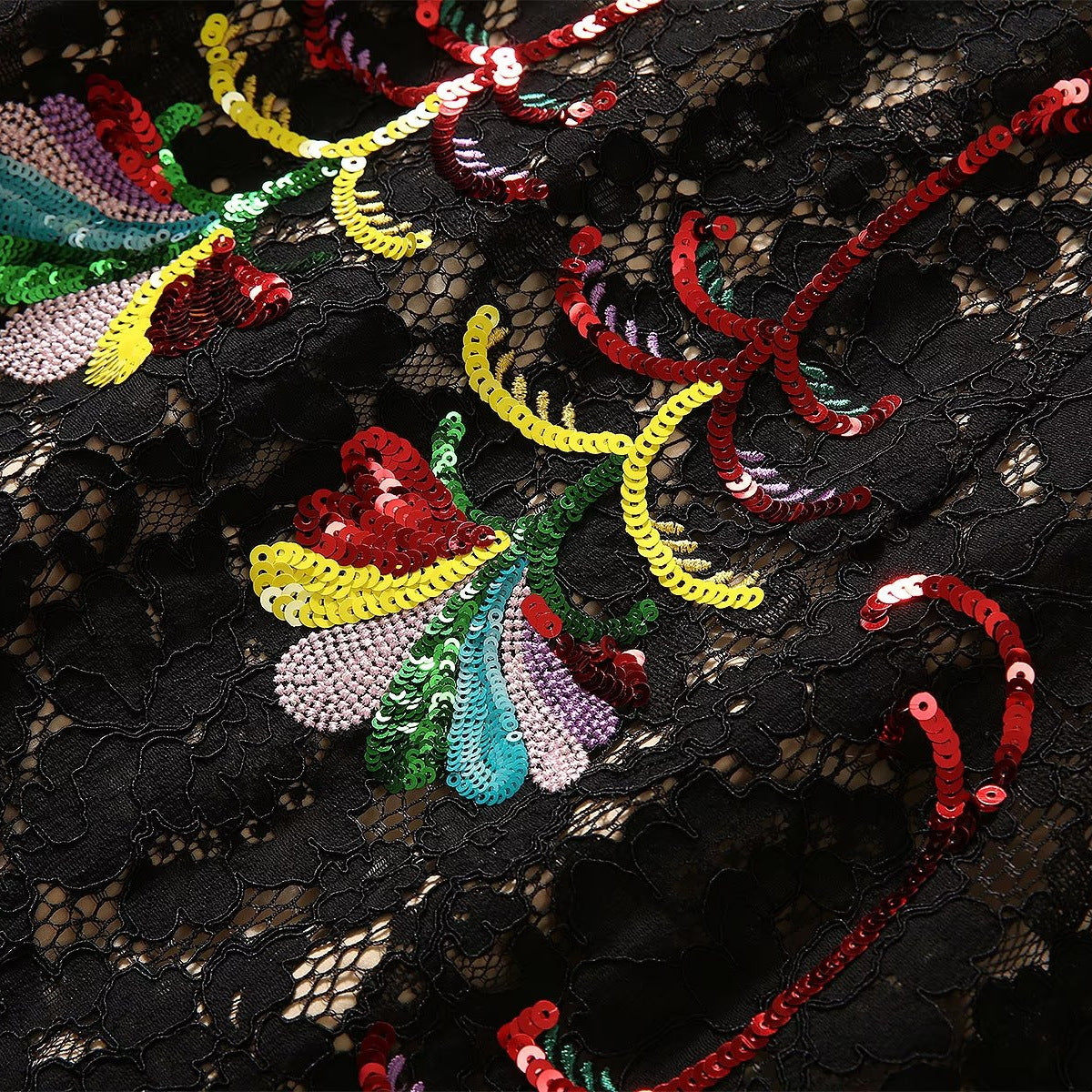 Colored Beads Embroidered Parrot Short Sleeve Lace Dress