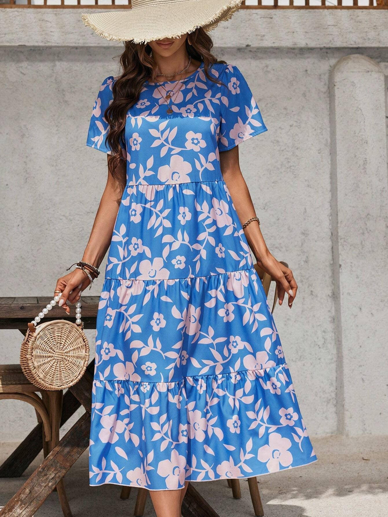 Robe élégante à volants multicouches à grandes fleurs pour femmes