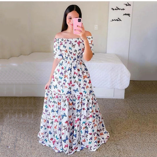 Robe longue imprimée à épaules dénudées pour femme, vêtement de printemps et d'été