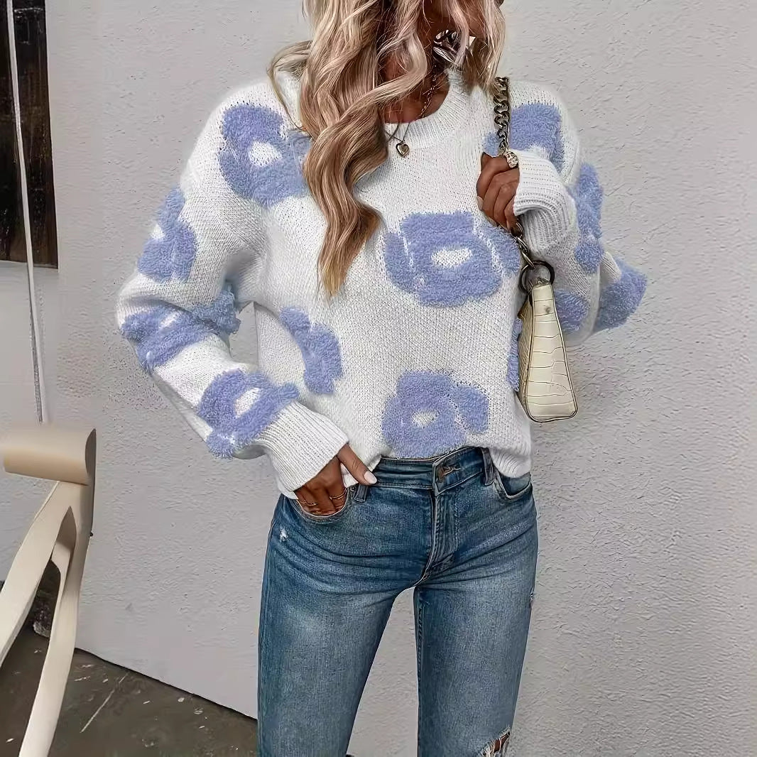 Autumn Winter Cute Floral Pattern All Match Round Neck Pullover Knitted Sweater