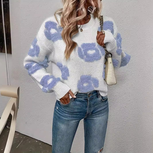 Autumn Winter Cute Floral Pattern All Match Round Neck Pullover Knitted Sweater