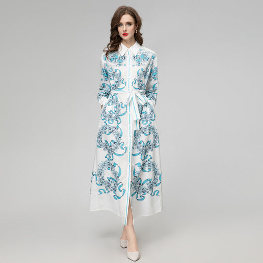 Long Sleeve Lapel Single Breasted Printed Dress