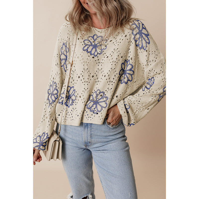 Winter Floral Print Short Sweater Women Cool Hollow Out Cutout Off Shoulder Sweater Women