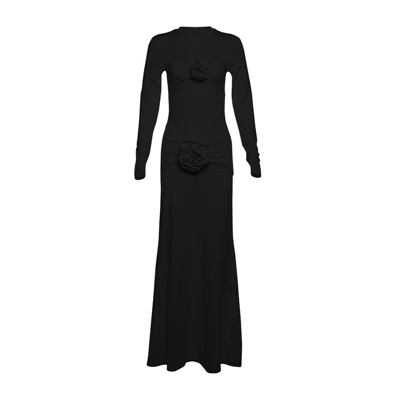 Autumn Winter Sexy Tight round Neck Dress Pleated Floral Dress Women