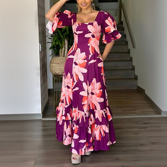 Vestido de mujer con cuello cuadrado y cinturón de retales con bolsillo y volantes