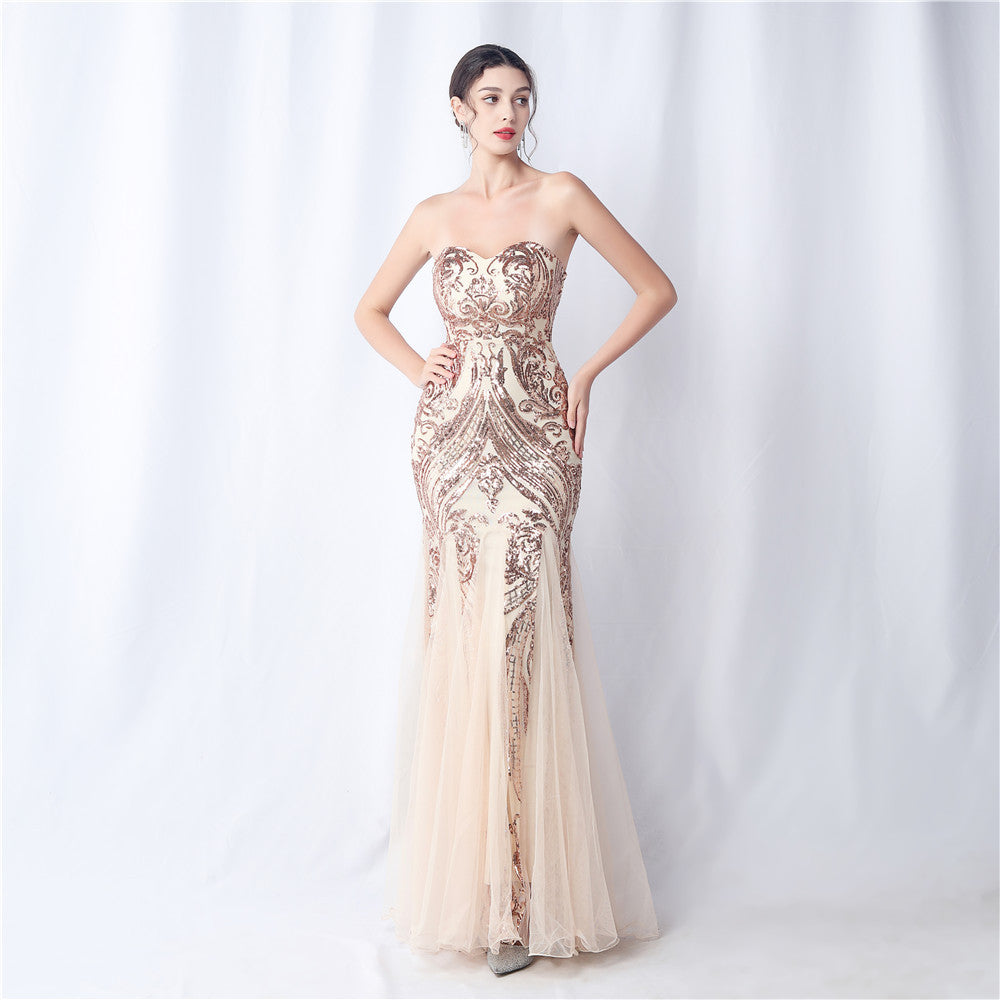 Robe de soirée en maille à coupe florale et paillettes, pour dîner de mariage, Toast, fête annuelle