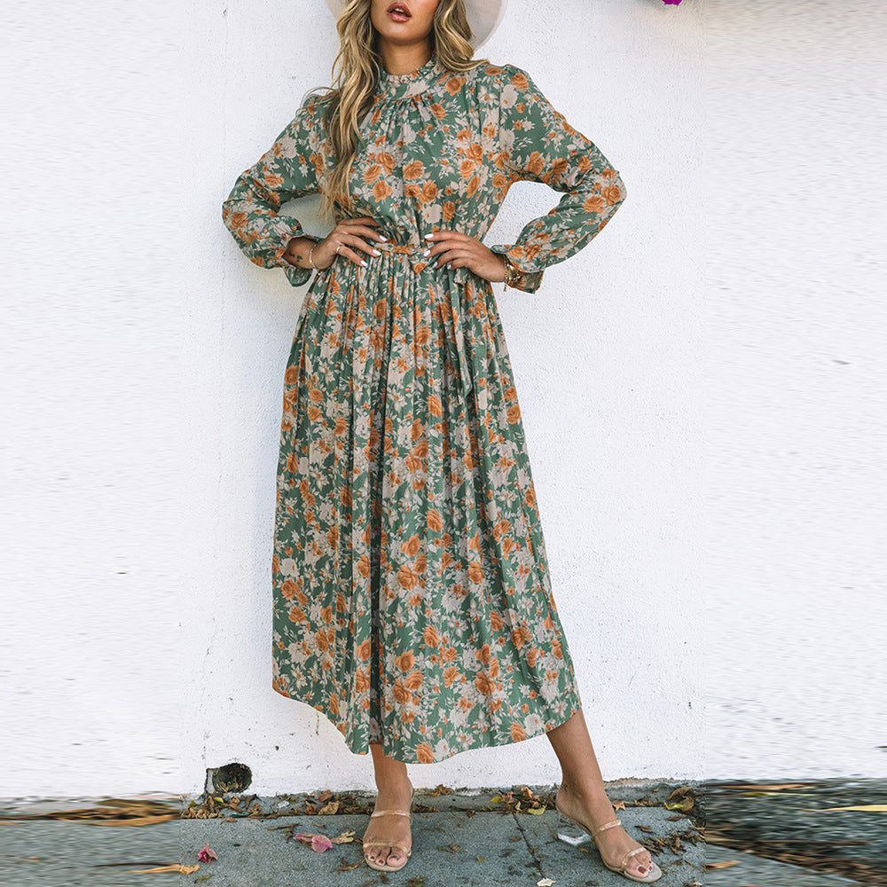 Green Pleated Long Sleeved Floral Dress with Tie Waist Trimming Dress