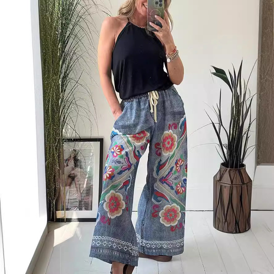 Pantalon décontracté ample à lacets pour femme, imprimé imitation denim, avec poches, printemps été