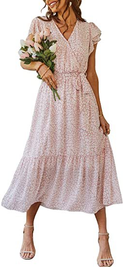 Robe à fleurs pour femmes, col en V, manches courtes