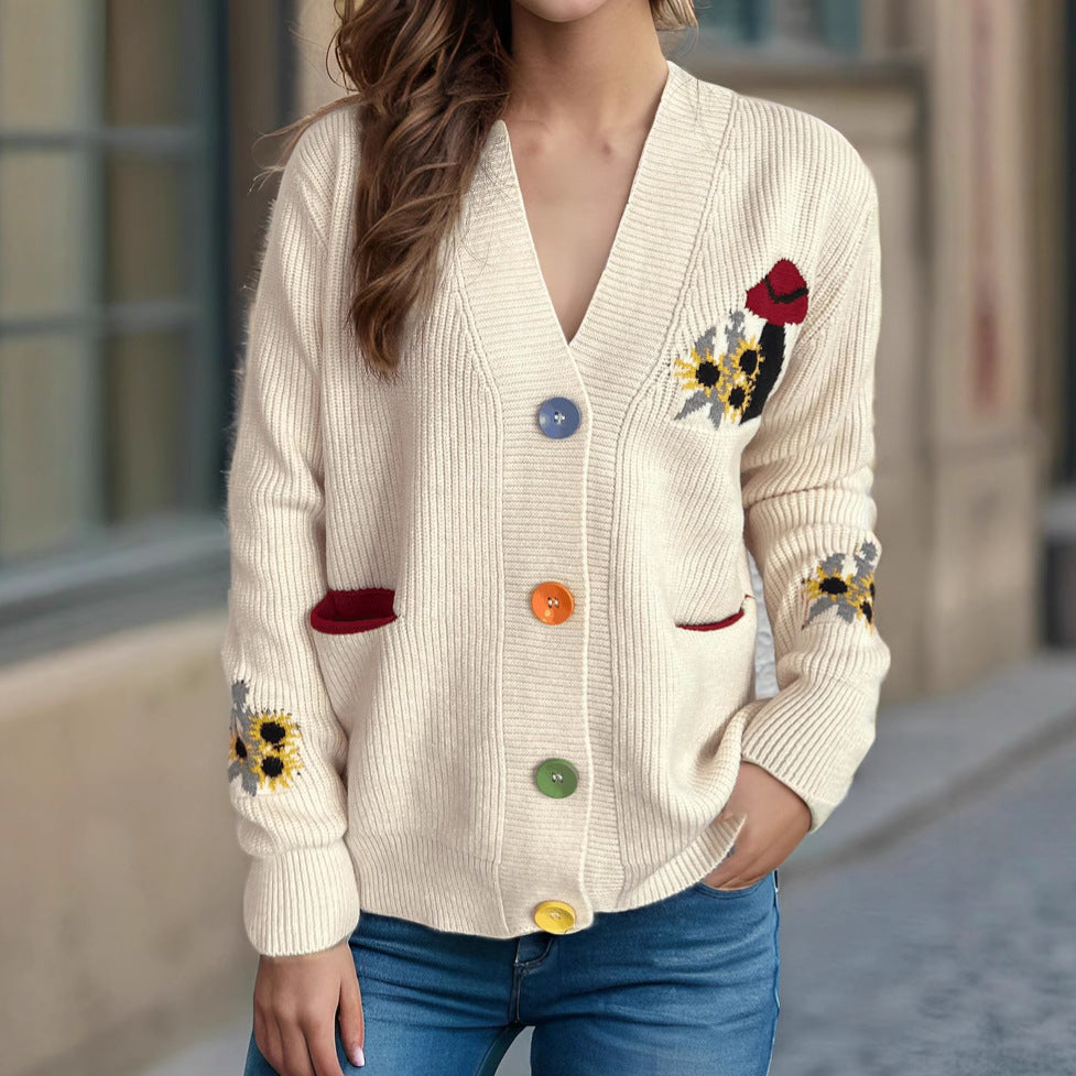 Autumn V Neck Embroidery Floral Casual All Matching Sweater Outerwear Women Sweater