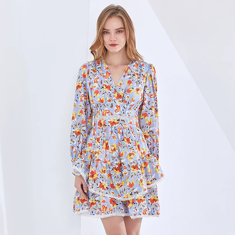 V neck Long Sleeve High Waist Ruffles Floral Stitching Design Short Women Dress