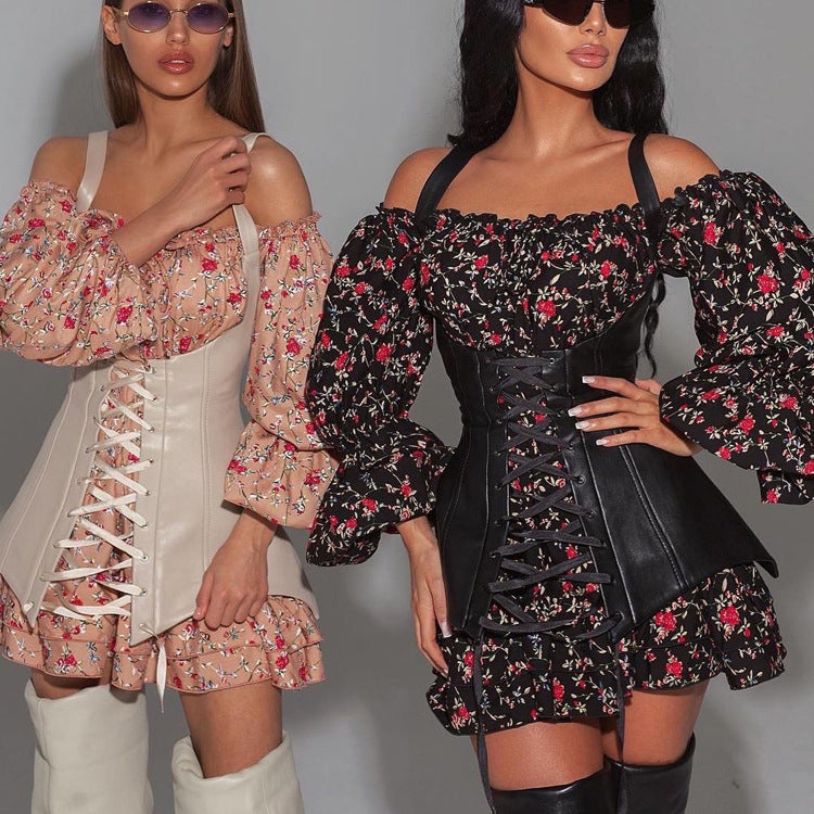 Ropa de mujer Vestido floral de manga larga de otoño con chaleco cintura ajustada que adelgaza un vestido de línea