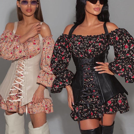 Ropa de mujer Vestido floral de manga larga de otoño con chaleco cintura ajustada que adelgaza un vestido de línea