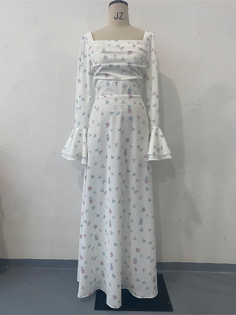 Robe d'été à col en U imprimée à manches longues et manches évasées pour femmes