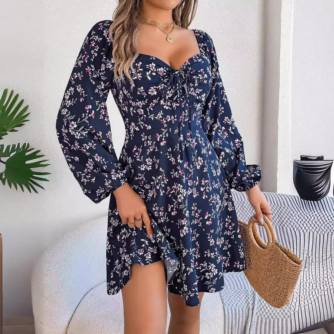 Automne hiver décontracté Sexy laçage col carré Floral à manches longues une ligne femmes vêtements