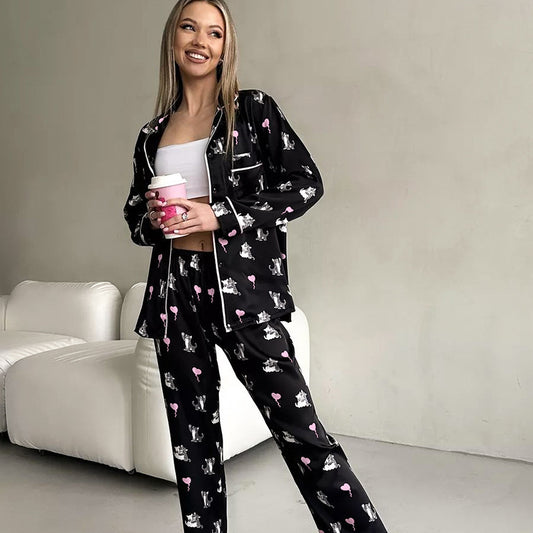 Autumn Comfortable Cardigan Long Sleeve Pants Home Wear Cute Cat Printed Ice Silk Pajamas Women