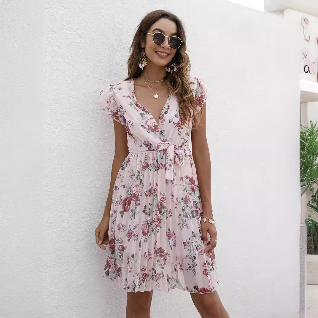 Vestido estampado con cordones y cintura controlada con cuello en V para mujer de verano