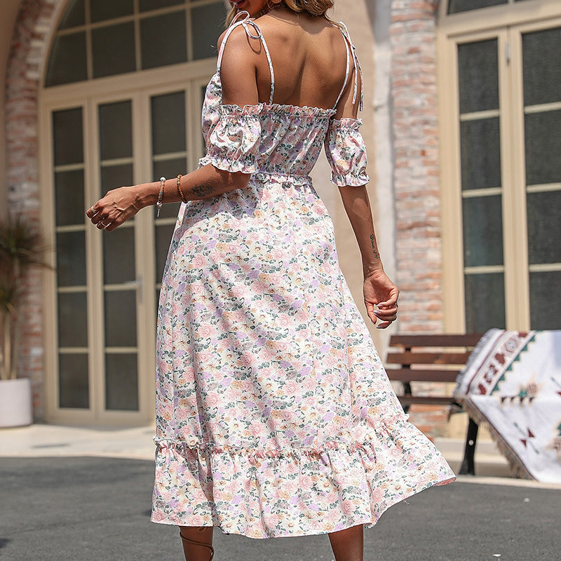 Vestido de verano con hombros descubiertos y estampado floral y volantes para mujer