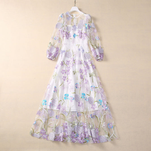 Machine Embroidery Flower Dragonfly Mesh Wide Hem Long Sleeve Dress