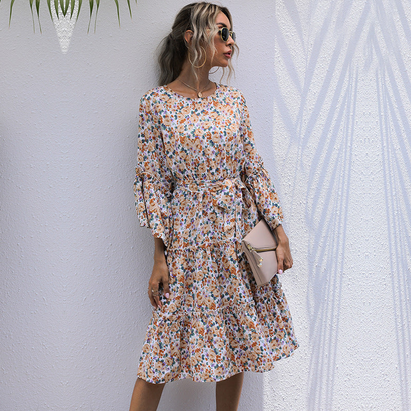 Early Autumn Floral Print Dress Middle East French Romantic Floral Women Clothing