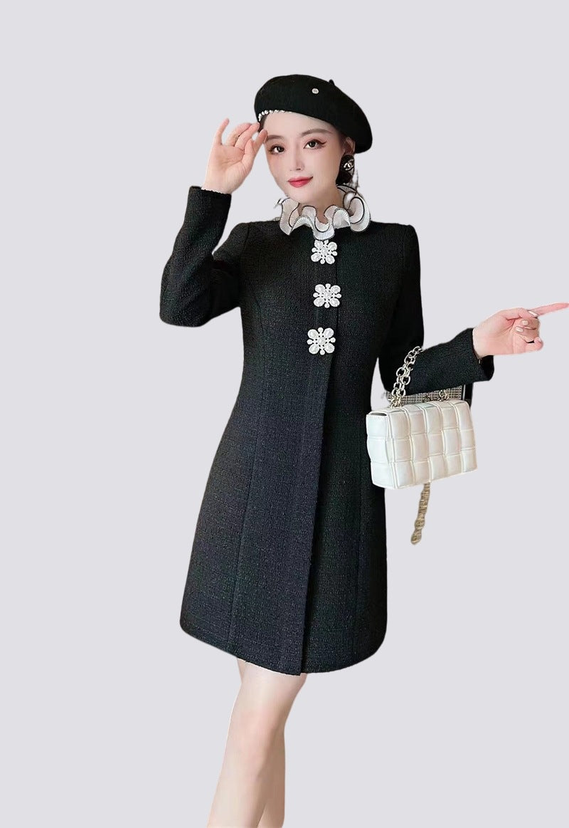 Detachable Fluted Collar Pearl Brooch Slim Long Sleeve Dress