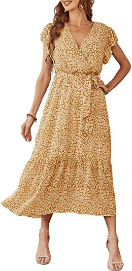 Robe à fleurs pour femmes, col en V, manches courtes