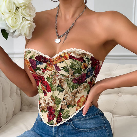 Corset à imprimé floral rétro de la rue avec bordure à volants et lacets, gilet corset à armatures pour minorité française