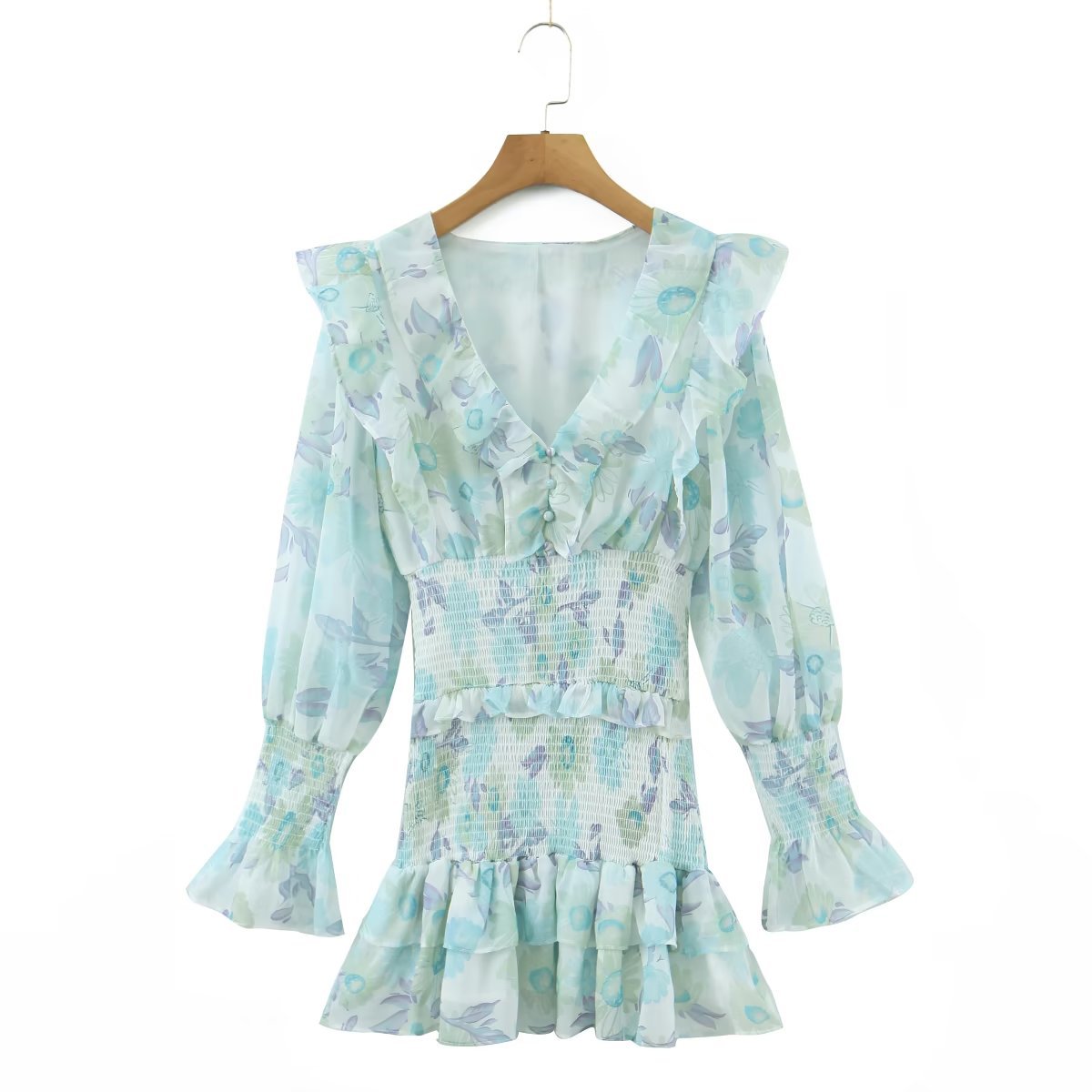 Autumn Winter Women Clothing Ruffled Printed Elastic Long Sleeved Dress Short