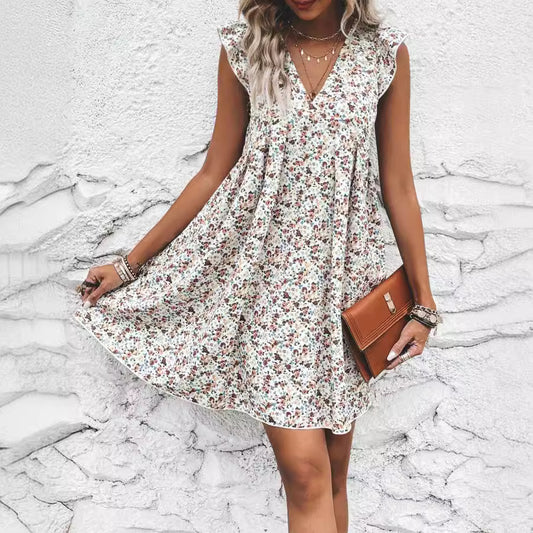 Vestido cómodo con hombros descubiertos y flores de verano con tirantes pequeños occidentales