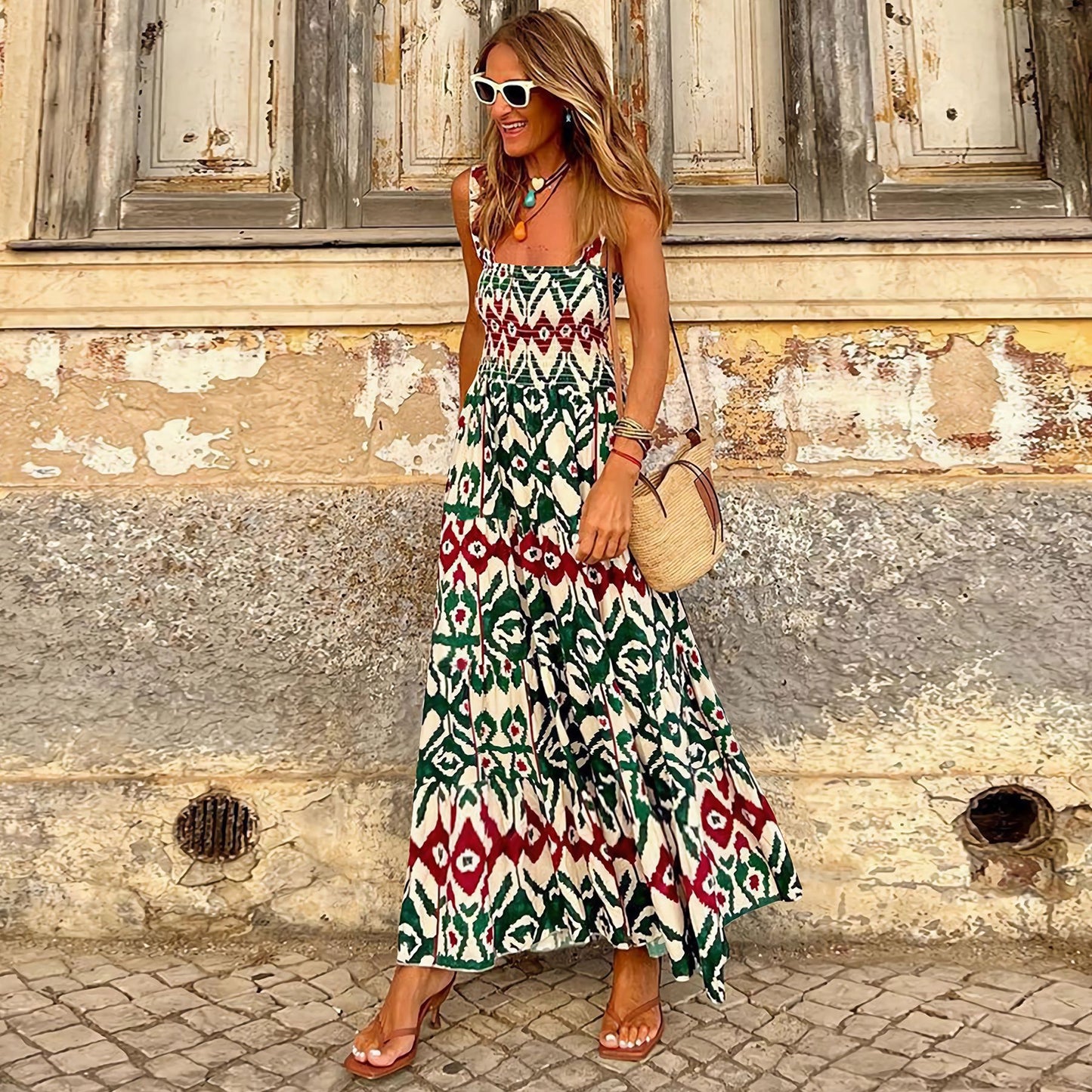 Summer Women Elegant Printed Elastic Cami Dress Vacation French Floral Strap Maxi Dress