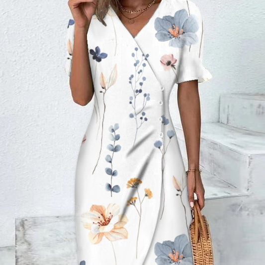 Women's Fashion Casual V-neck Floral Print Dress