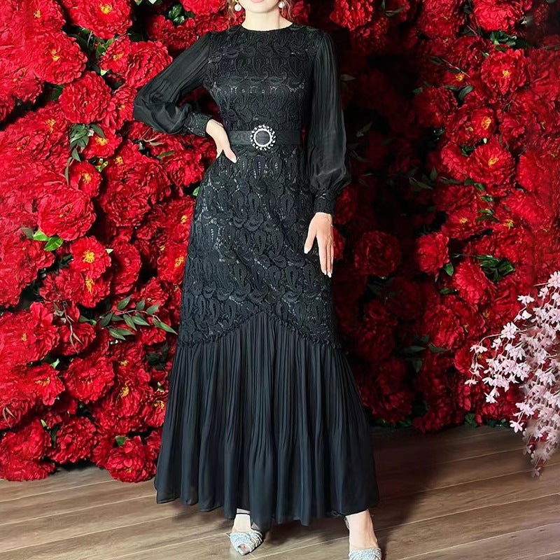 Autumn Exquisite Embroidered Floral Stitching Mesh Design Tight Waist Slimming Dress Maxi Dress Women Clothing