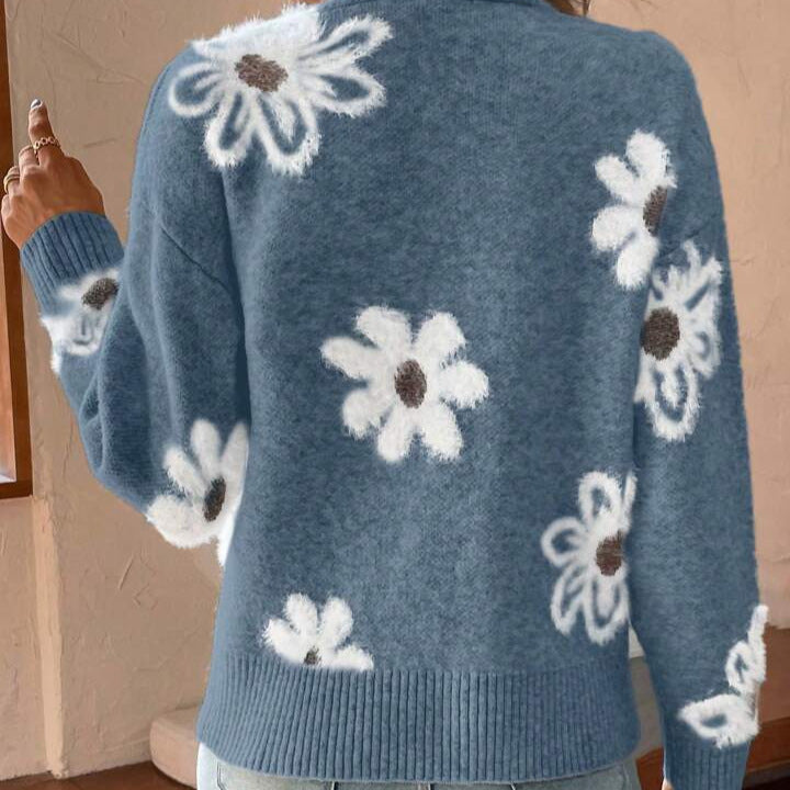 Autumn Winter Graceful Cute Floral Pattern Casual Knitted Sweater Cardigan