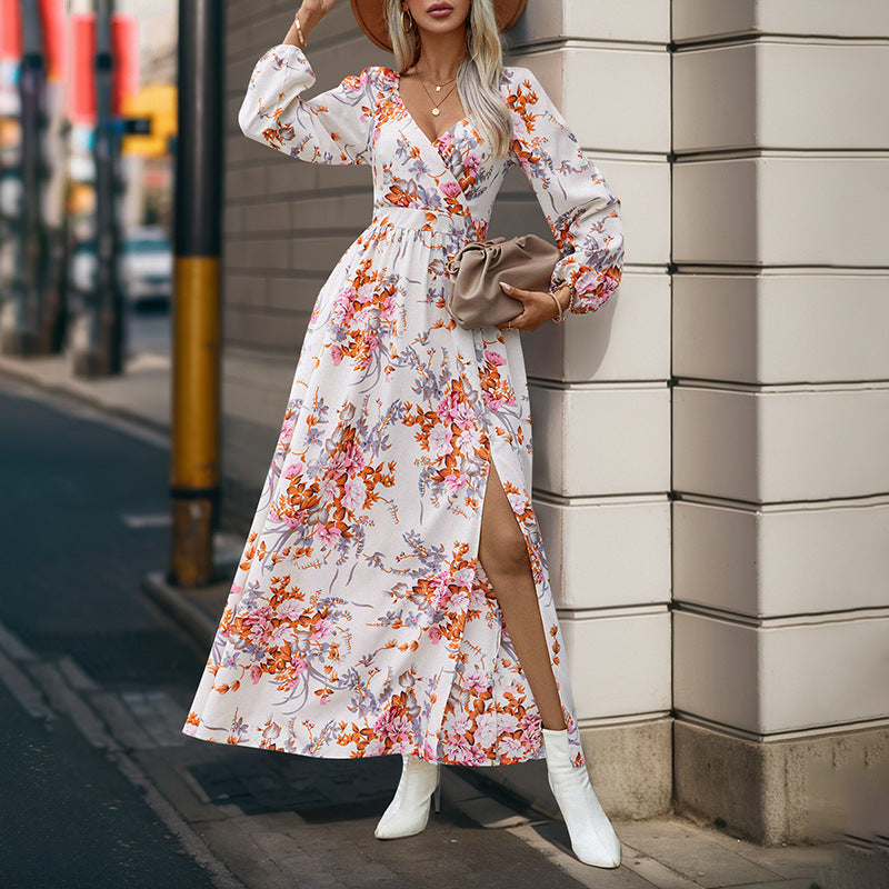 Vêtements d'automne pour femmes, robe imprimée à manches longues et col en V pour femmes