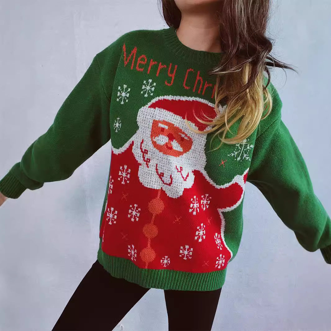 Suéter navideño de Papá Noel con versión jacquard, bonito jersey para mujer