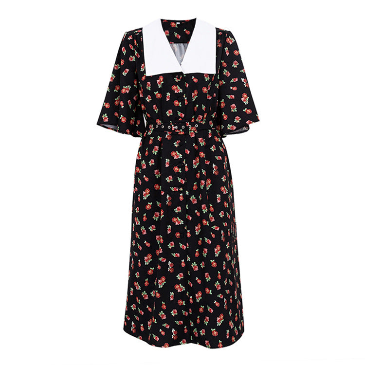 Vestido elegante de mujer con estampado floral, abertura en la cintura, corte A, manga corta, cuello de muñeca