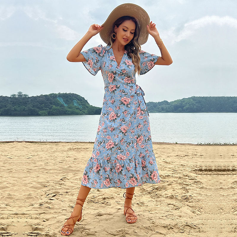 Vestido cruzado elegante con cordones para mujer para vacaciones en la playa de verano